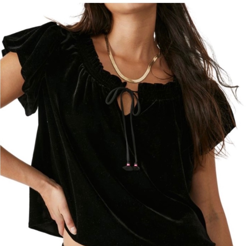 Free People S Black Terese Velvet Ruffled Keyhole Tie Neck Short Puff Sleeve Top